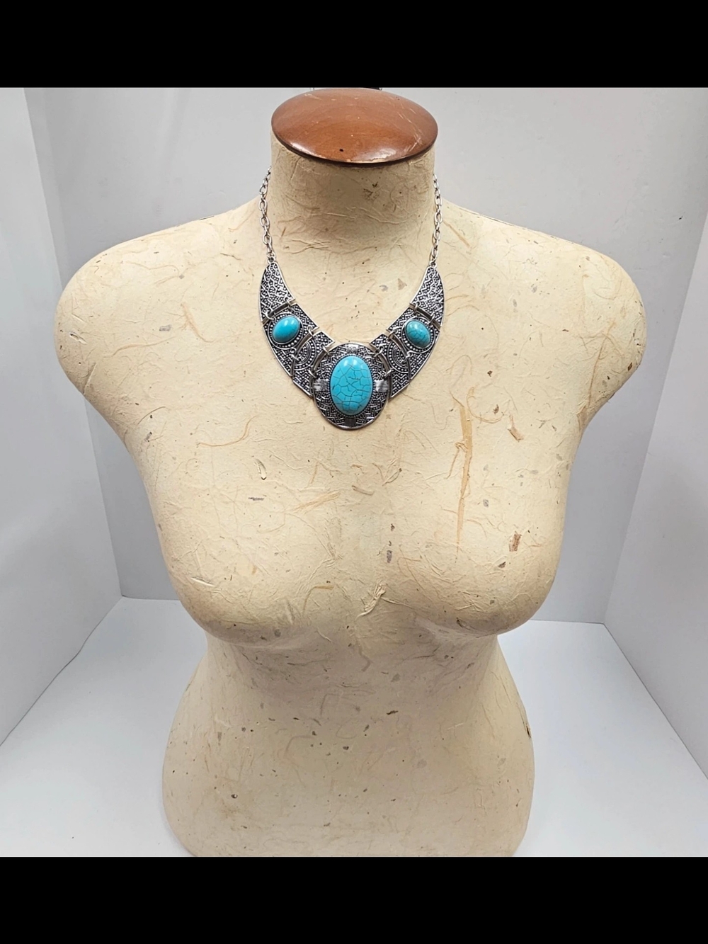 Turquoise Statement Bib Necklace - Silver Tone Women Jewelry